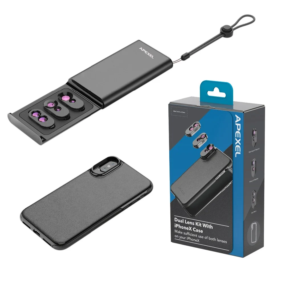 APEXEL 3 in 1 Dual Macro Lens Case Set Wide Angle Telephoto Fisheye Lens With PU Leather Phone Case Kit For iPhone X,XS,XS Max