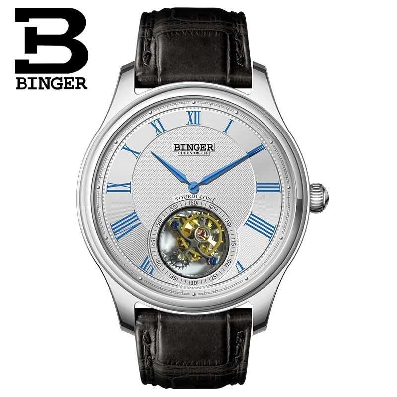 Мужские часы BINGER TOURBILLON из натуральной кожи крокодила водонепроницаемые с