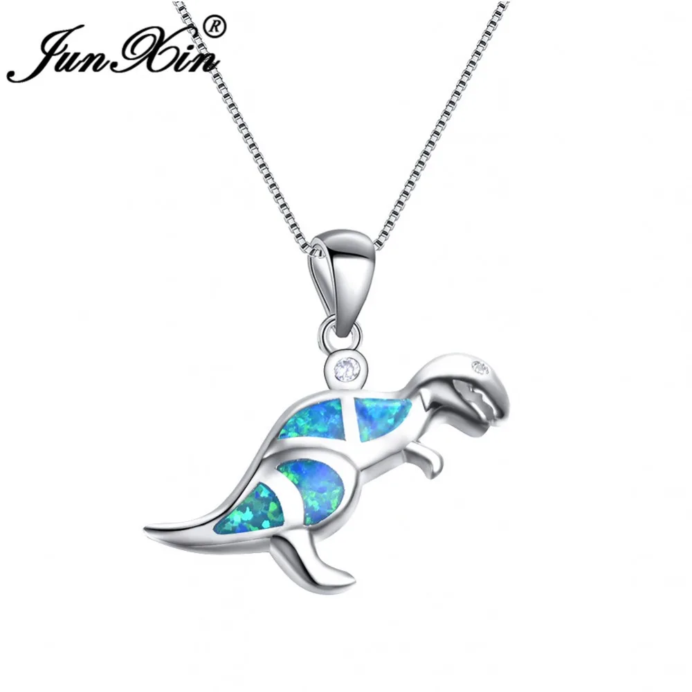 

JUNXIN White/Blue Fire Opal Dinosaur Pendant Necklace For Women Fashion 925 Sterling Silver Filled Choker Cute Animal Jewelry
