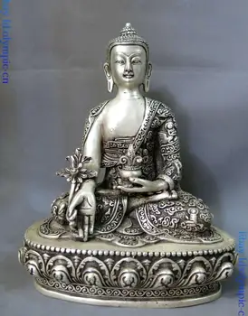 

9" China silver carved many buddha buddhism lucky flower Medicine Buddha Statue