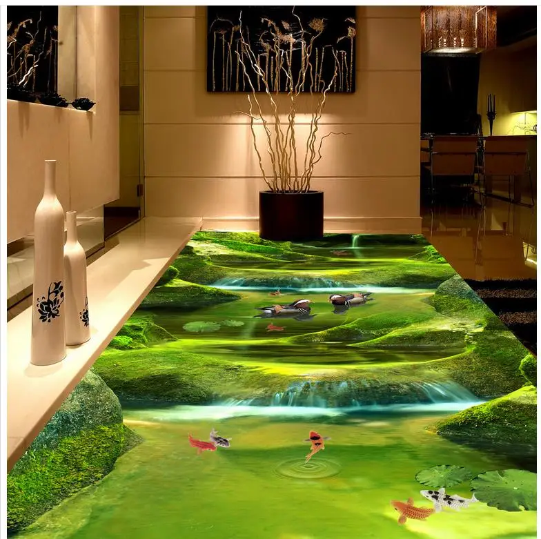 

Modern Floor painting Natural green landscape river stone stream bathroom bedroom 3 d floor self-adhesive PVC Wallpaper