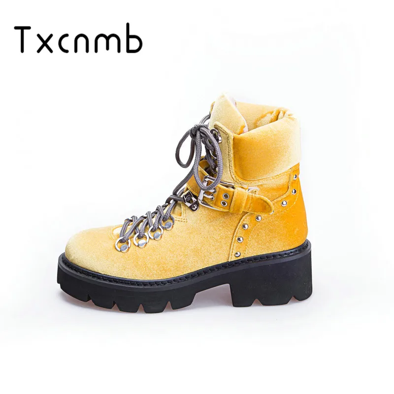 

TXCNMB 2019 Platform Genuine leather Boots women Round Toe Warm Fur Winter Women Shoes Square High Heel Short woman Boots