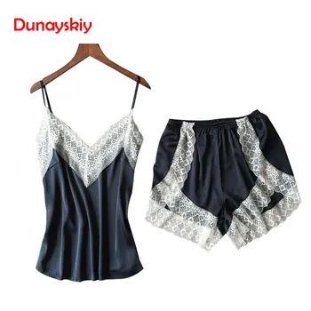 

Sexy Women Shorts Pajama Set Patchwork Lace Breathable Spaghetti Strap Female Lingerie Sets Sleeping Lounge