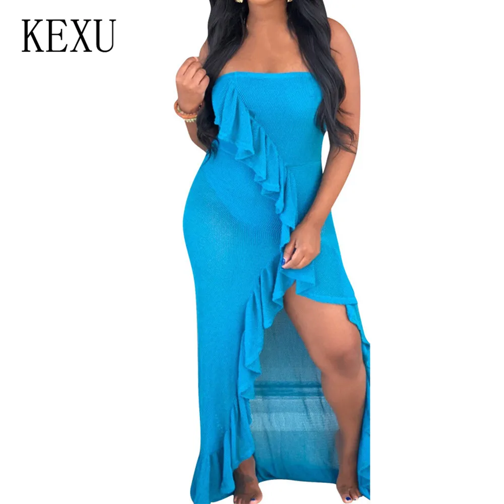 

KEXU Sexy Strapless Irregular Ruffles Split Maxi Dress Women Hollow Out Sleeveless Grid Dress Summer Bohomian Beach Party Wear