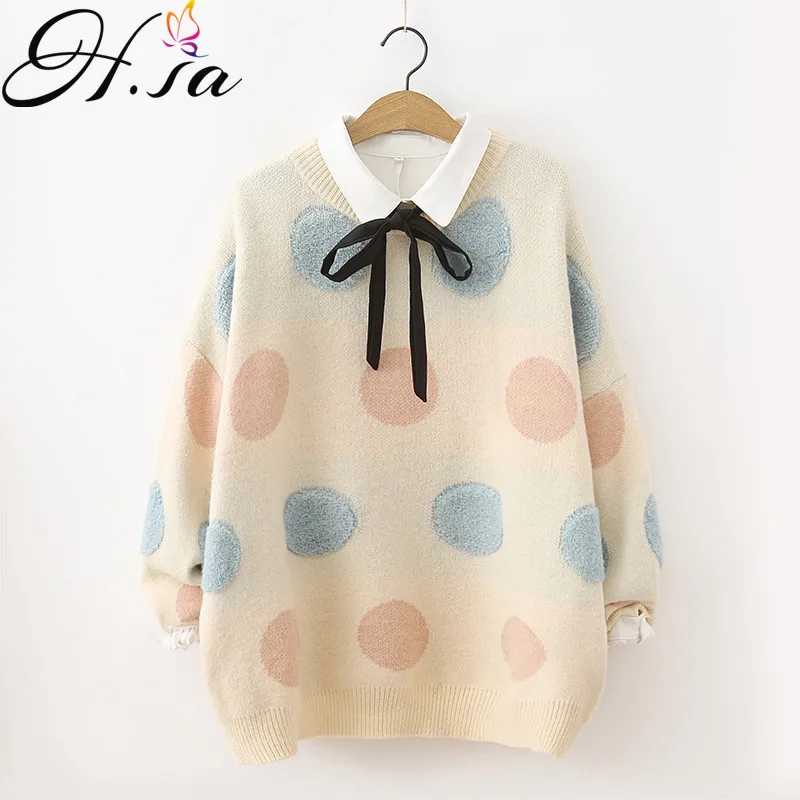 

H.SA Women Sweet Cute Sweaters 2018 Oneck Dots Fashion Knit Jumpers Colorful Rainbow Dots Pullovers Loose Korean Winter Clothes