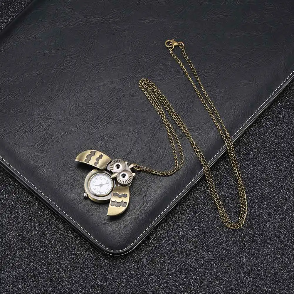 Pocket Watch Vintage Alloy Retro Owl Shape Pendant Long Necklace Chain Keychain