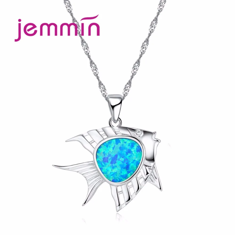 

Jemmin Trendy 925 Sterling Silver Fish Pendant Necklaces Choker Chain Necklace Jewelry Women Blue Fire Opal Statement Necklace