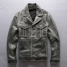 Мужская приталенная винтажная куртка из натуральной кожи с отворотом и четырьмя передними карманами, мужская кожаная куртка из натуральной коровьей кожи