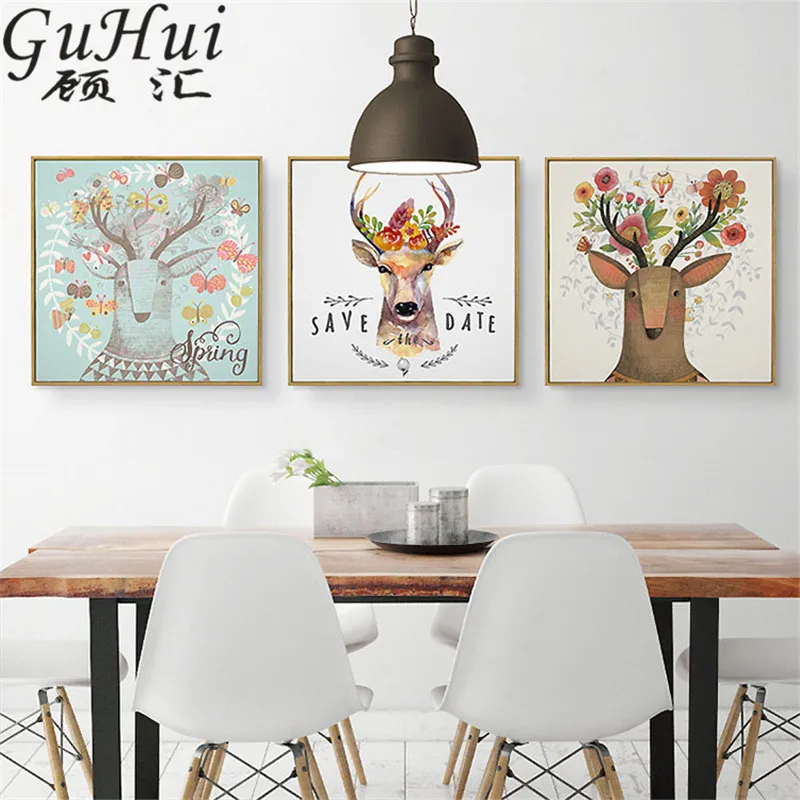 

Flower Elk Nordic Forest Spirit Square Canvas Painting Decorative Kids Room Cartoon Butterfly Hand Draw Animals Art Print Poster