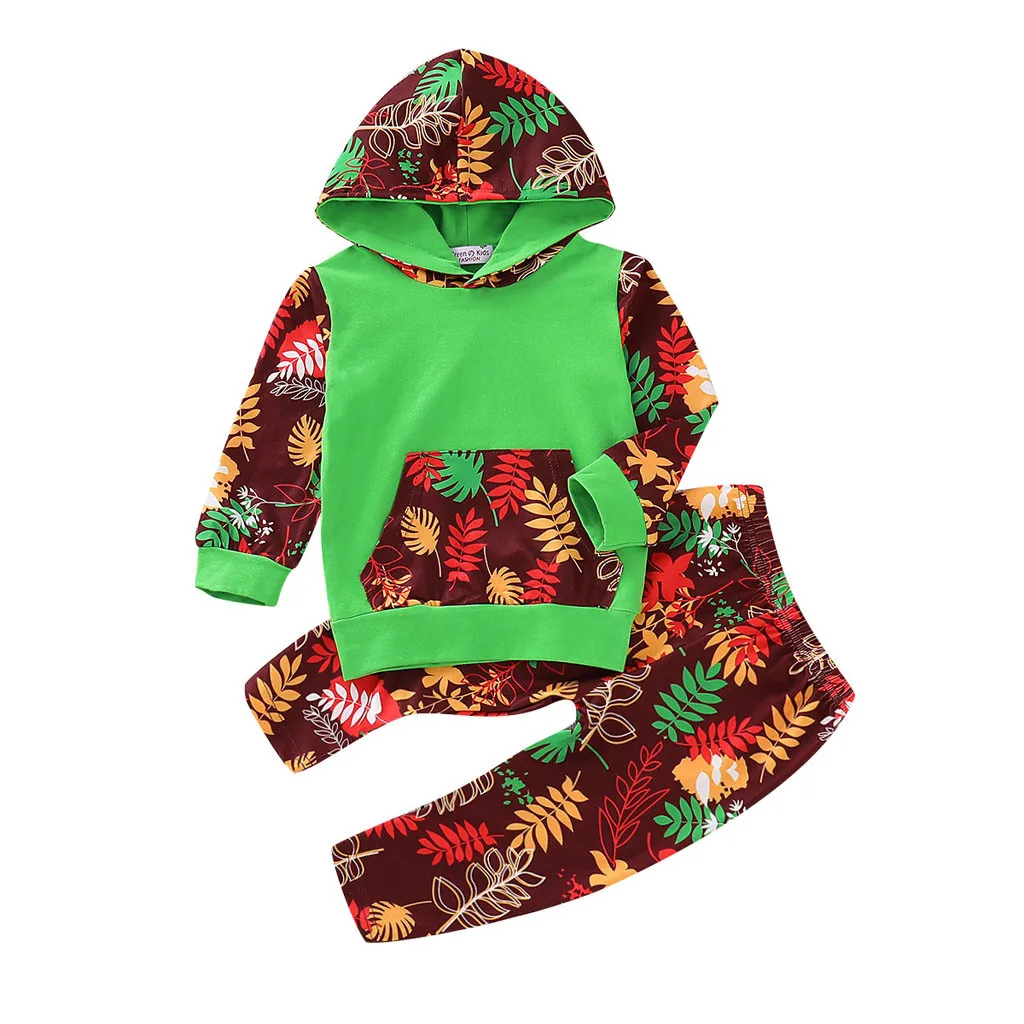 Toddler Infant Baby Boys Girls Leaves Print Hooded Tops Pants Outfits Set Sweatsuit Tracksuit Baby Boys Girls Hooded Clothes