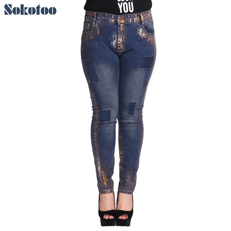 

Sokotoo Women's plus large size patch coated stretch denim skinny jeans Vintage pencil pants Long trousers