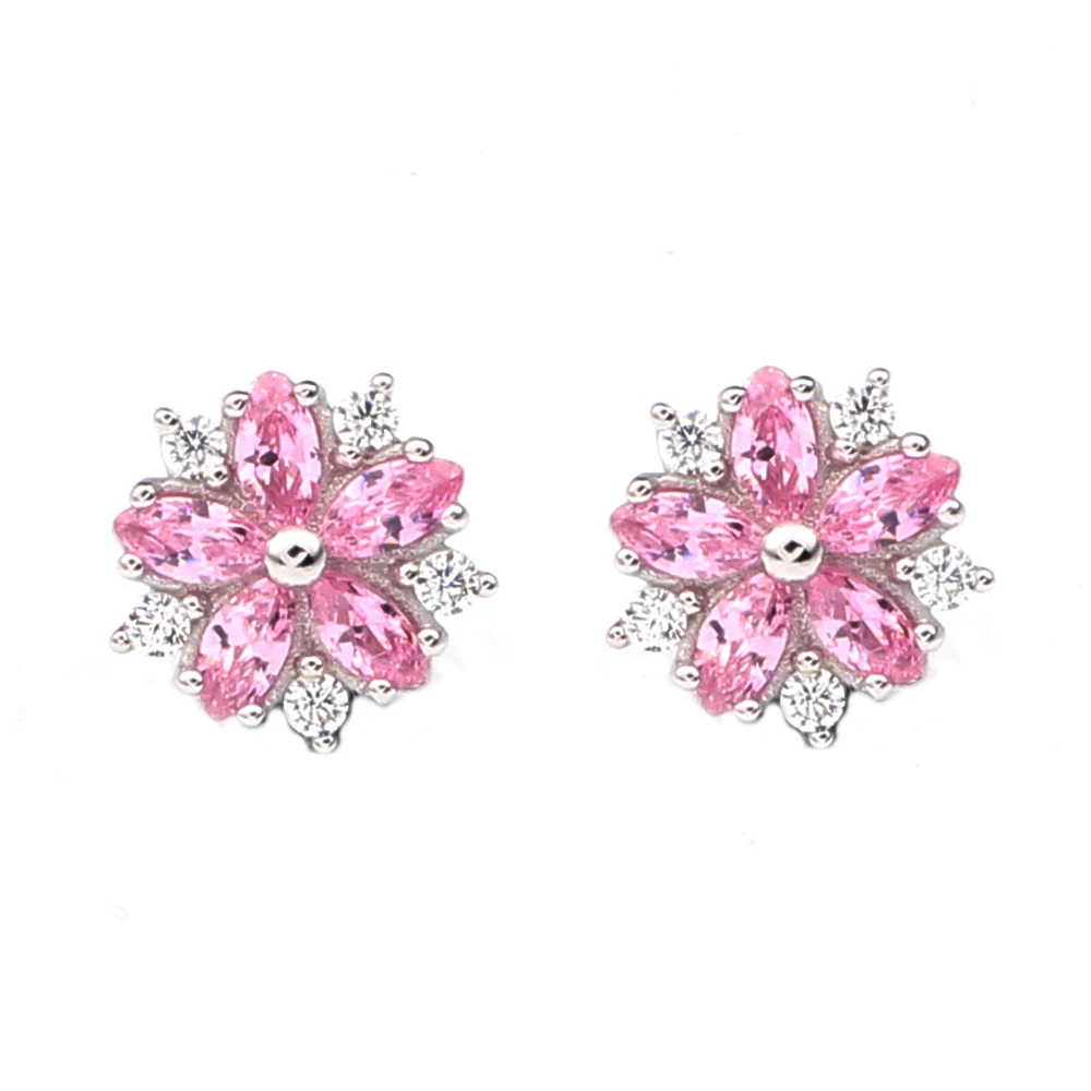 

925 Silver Stud Earrings Women Jewelry Sakura Flower with Piercing Pink Cubic Zirconia CZ Cute Ear Decoration E130PC