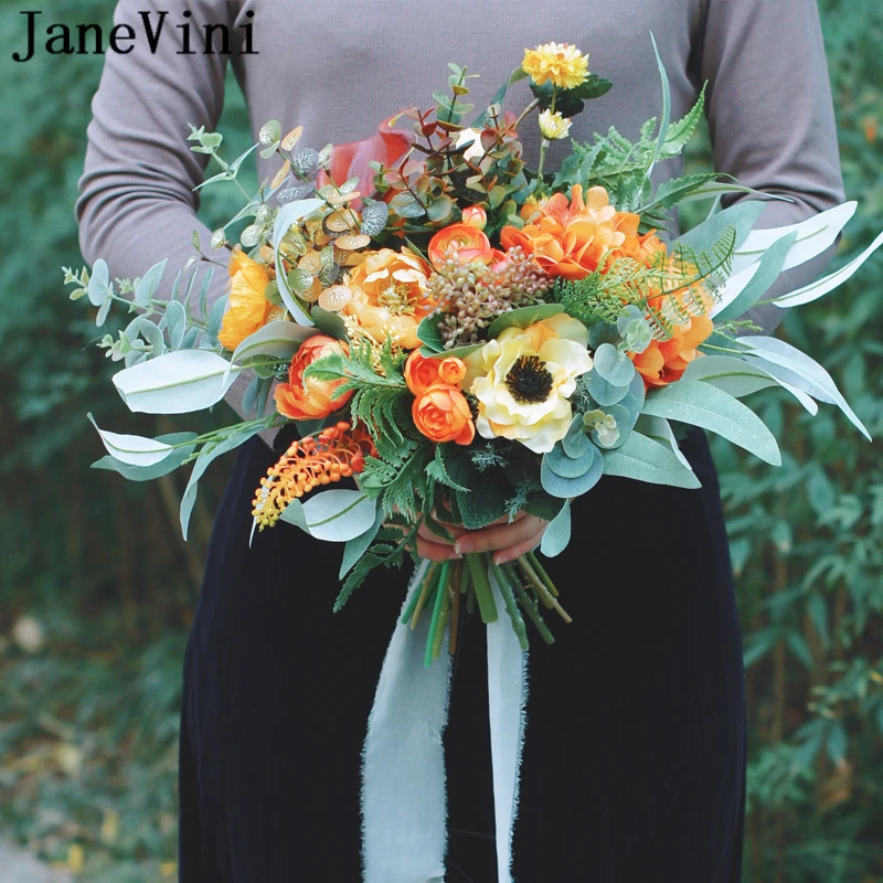 JaneVini Vintage Orange and Green Wedding Bouquet Artificial Bridal Silk Rose Bride Holding Fake Bouquet Flowers Bouquet Pivoine