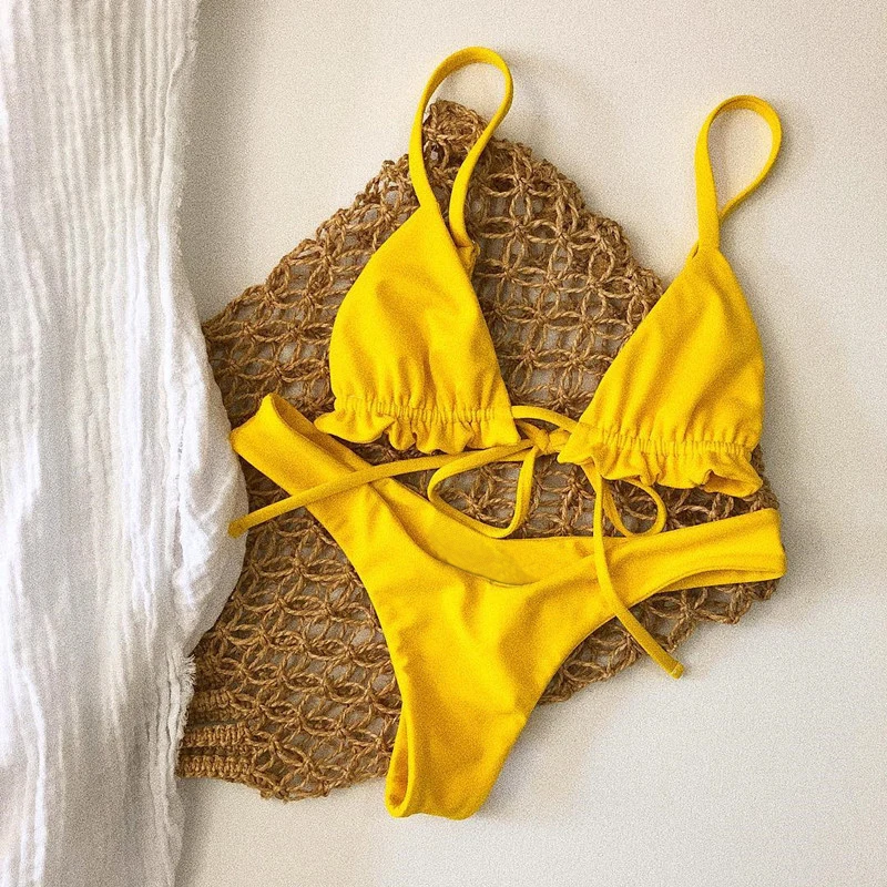 

mini thong strappy cheap high waist bikinis mujer feminino 2018sexy bikini brazilian modest swimwear for girls yellow beach wear