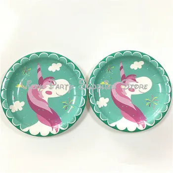 

16pcs/lot Cartoon Green Rainbow Unicorn Party Disposable 7inch Plate Birthday Wedding Baby Shower Party Tableware Supplies