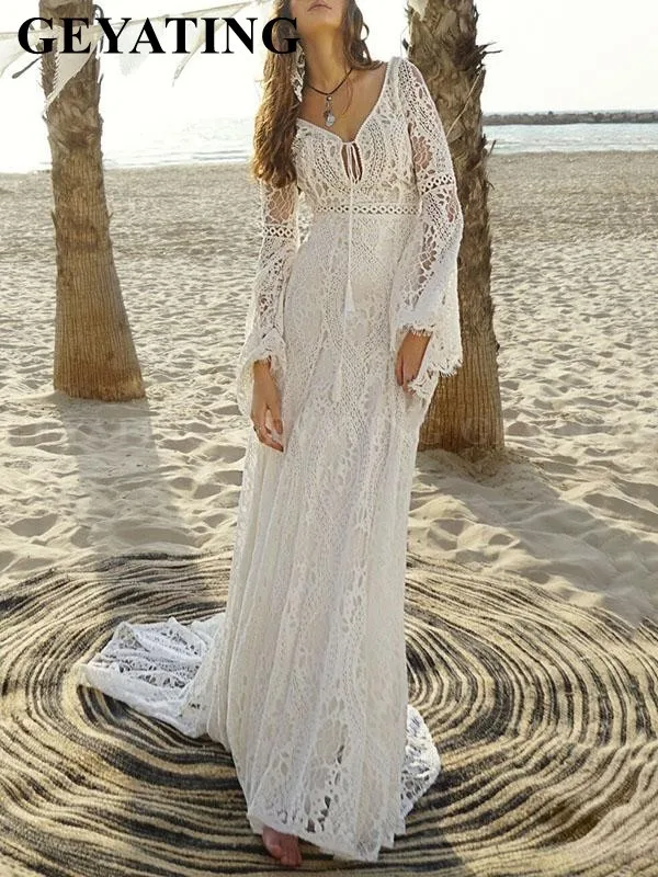 Mejorventa Encaje Vintage De Novia De Sirena De Manga Larga Bohemios Sexy Cuello En V Espalda Descubierta Verano Playa Vestidos De Novia De Campo Gitano Vestidos De Novia May 2020