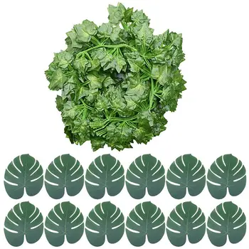 

12pcs Artificial Decoration Vivid Vine Rattan Leaf Grass Plants Grape Leaves with 12pcs Palm Leaf For Home Garden Party Decor