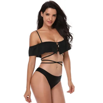 

ZHUOHE Bikini Set 2020 Low Waist Swimsuit Solid Ruffle Off Shoulder Bathing Suits Two pieces Swimwear Biquini for Women Lady