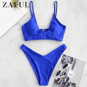 

ZAFUL Bikini Underwire High Cut Neon Bikini Set Spaghetti Straps Solid Swimwear For Women Bathing Suit Underwire Padded Swimsuit