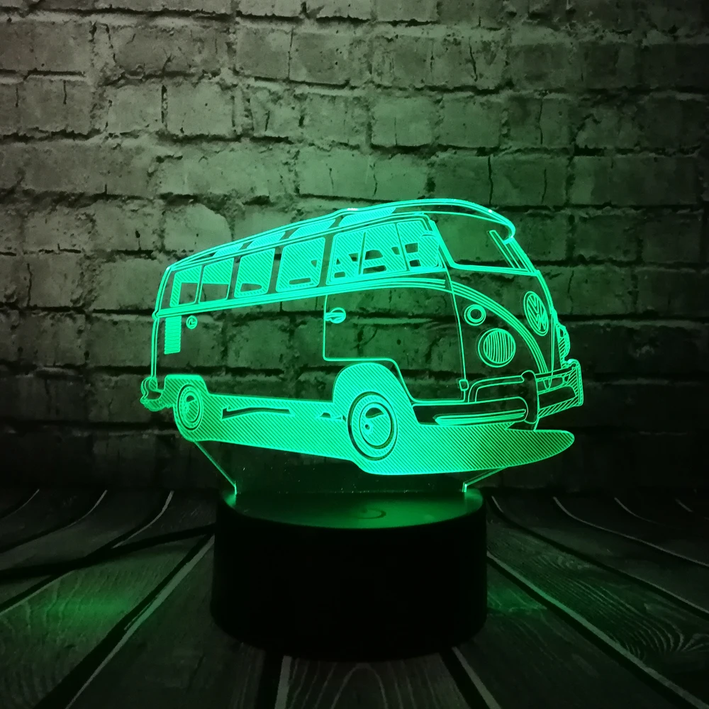 Туристический автобус СВЕТОДИОДНЫЙ 3D лампа многоцветный градиент RGB мультфильм автомобиль ночник Иллюзия Спальня прикроватный Декор Lampara детский подарок игрушка для малыша