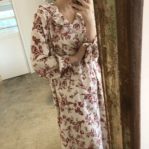 

v neck New Summer spring Girls dress Boho party Female Dress print Long Sleeve red loose long shirt Women Dresses Robe Vestido
