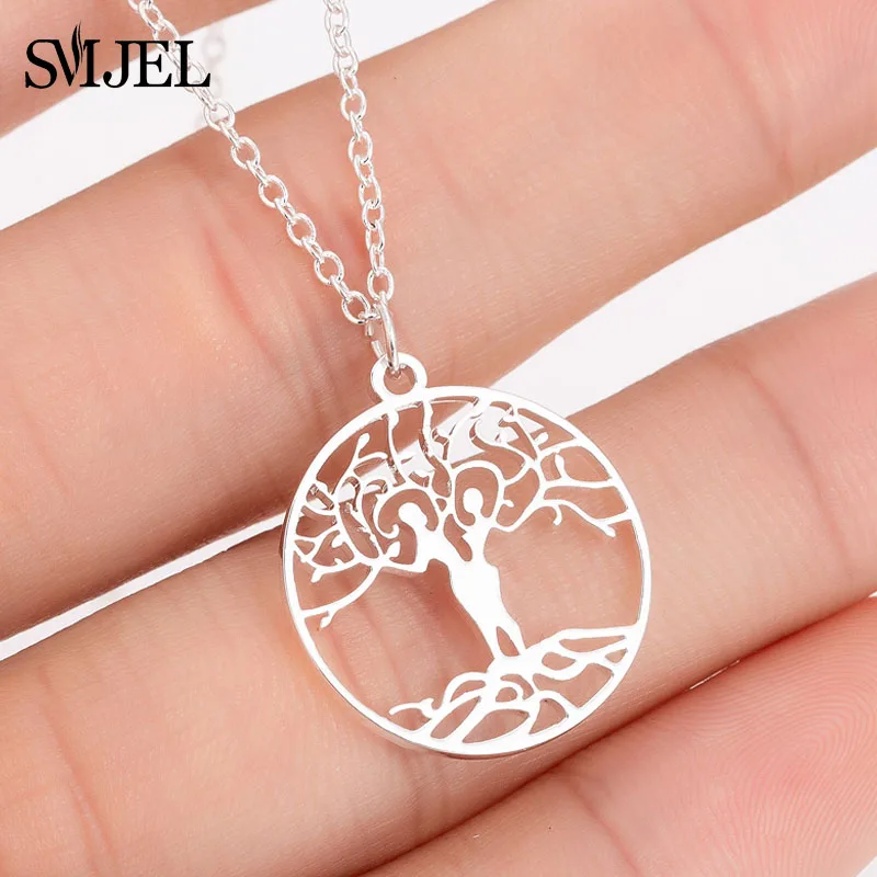

SMJEL Couple Tree of Life Stainless Steel Statement Necklaces Gene Jewelry Collares 2019 Women and Men Charm oorbellen