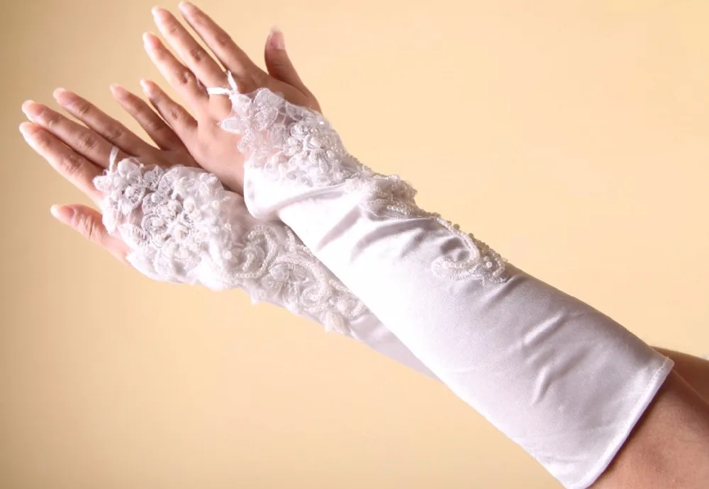 Митенки длинные атласные свадебные перчатки бусы Белый Кот Для женщин свадебные перчатки дешево невесты Свадебные аксессуары