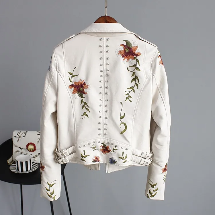 Women's Elegant Floral Embroidery Faux Leather Jacket White Display Back