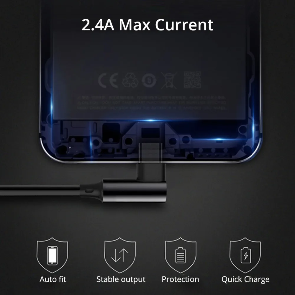 FONKEN Cable Micro USB de 90 grados de Cable de carga de 2.4A tipo L doblado de carga Cable de datos cargador rápido de móvil cables de teléfono