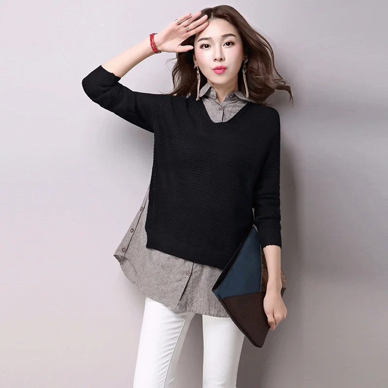 2016 New Women tops Fake two-piece shirt turn-down collar sweater slim fashion clothing women sweater Pullovers female 1012-65F