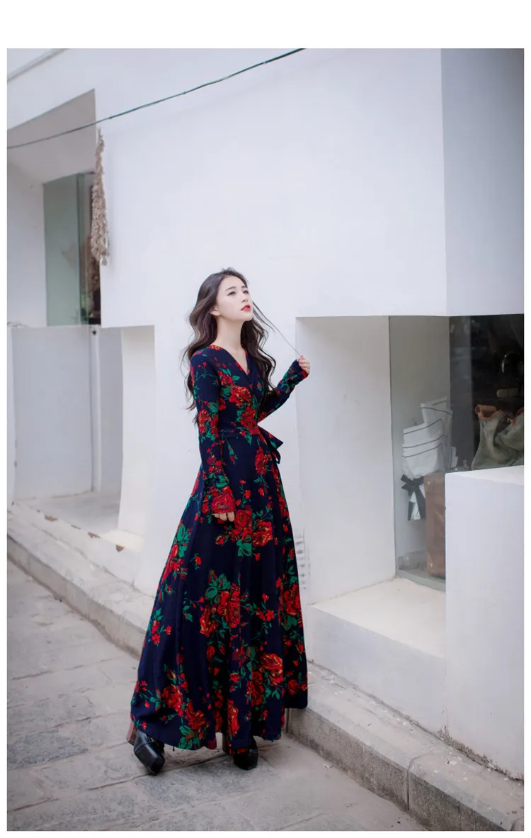 Stylish V-neck Long Sleeve Tie-waist Big Hem Print Dress (4)