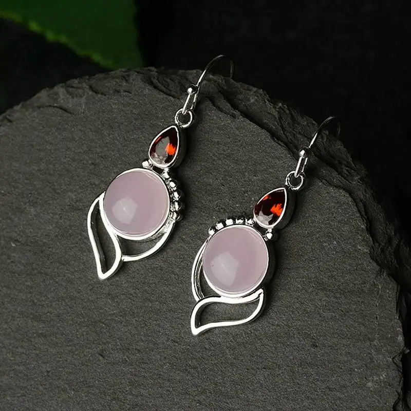 

Women Light Pink Natural Hibiscus Stone Drop Earrings Elegant Vintage Crystal Silver Water Drop Shaped Dangle Earring Jewelry
