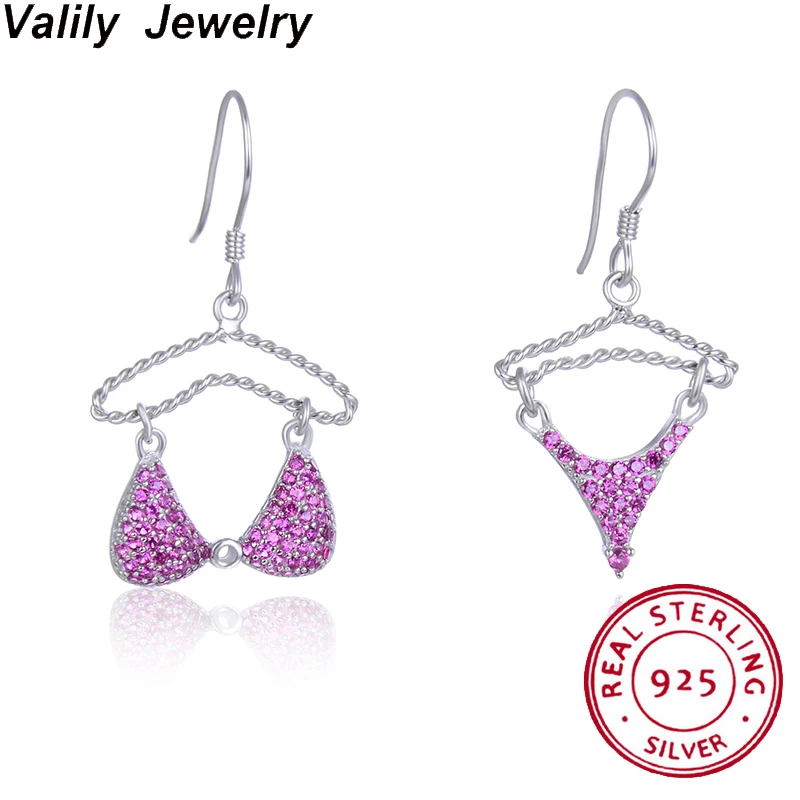 

Valily 925 Sterling Silver Drop Earrings Underware Zircon Earrings Paved Pink Crystals Hanger Hook Earrings personality Jewelry