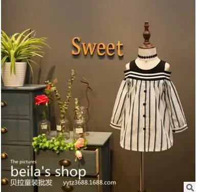 Girls Dresses Kids 2017 new spring and summer dress with gas stripe strapless sleeves shirt free