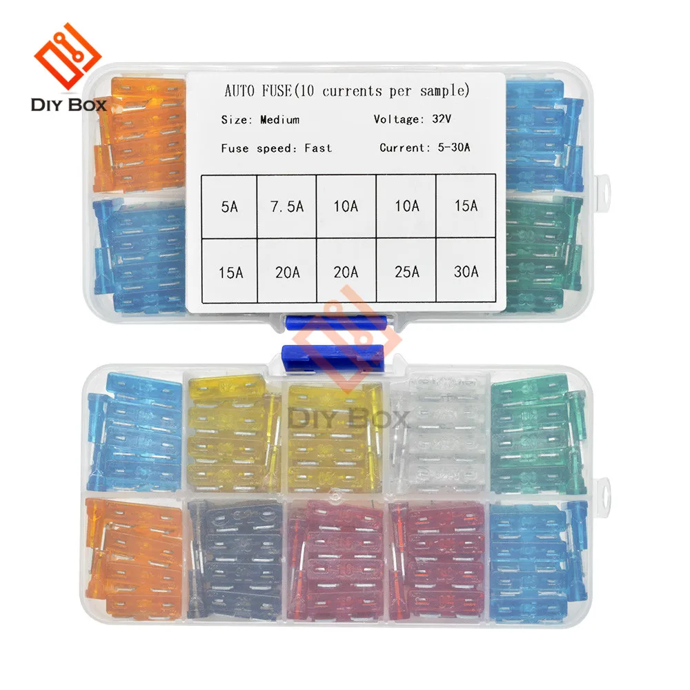 100 шт. предохранители для автомобиля 1,1x1 см 1,1x1,7 см 1,9x2 см 5A 7.5A 10A 15A 20A 25A 30A Amp с коробкой зажим ассортимент автоматический лезвие Тип предохранитель комплект