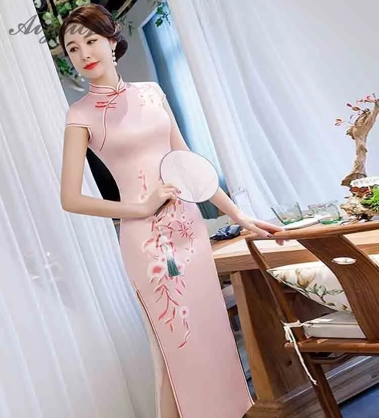 Розовый элегантный тонкий Чонсам длинные платья Современный Восточный стиль халат Qi Pao женское традиционное китайское платье Qipao