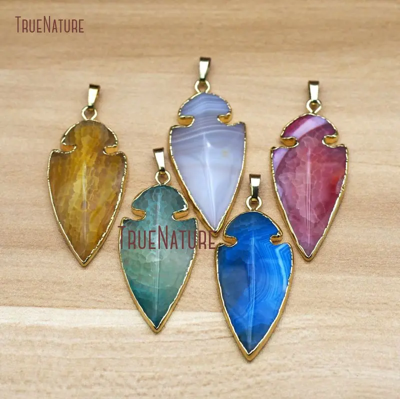 

Gold Electroplated Arrowhead Stone Charm Jewelry Frosted Crackled Agates Colorful Stone Necklace Pendant In 26*54 mm PM7965