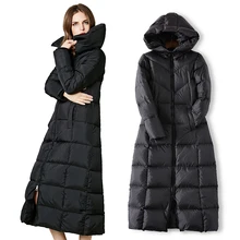 Зимняя теплая Женская куртка-пуховик на белом утином пуху с капюшоном, толстый длинный пуховик, женская элегантная тонкая парка, верхняя одежда размера плюс 3XL SF1067