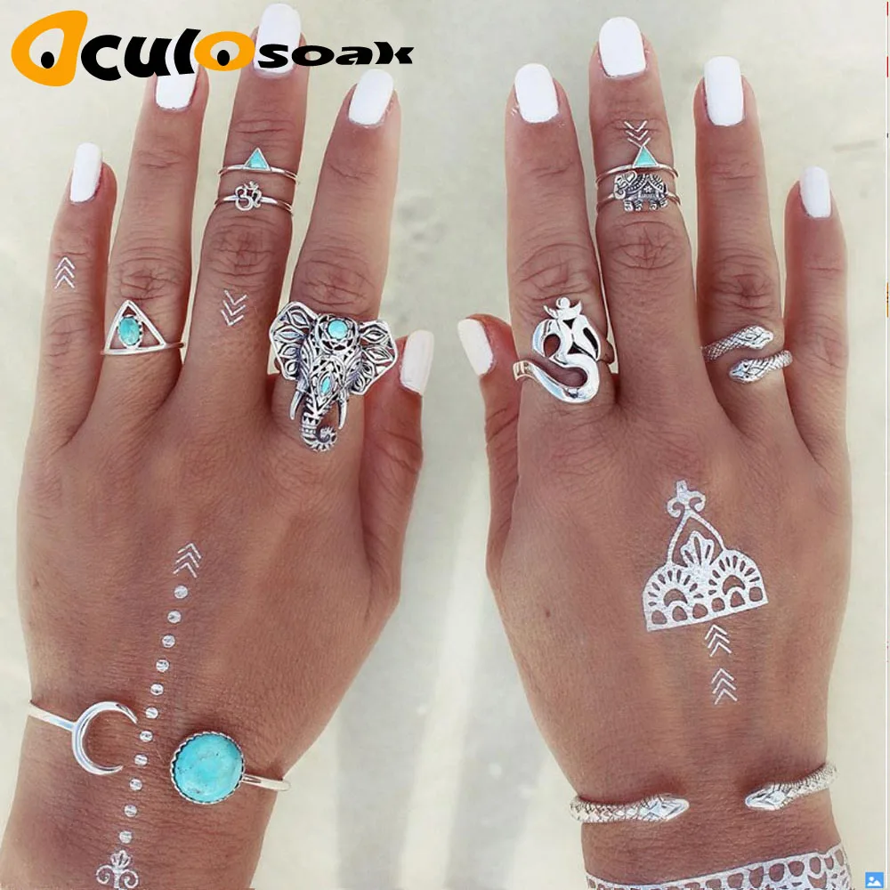 

8PCS/Set Boho Bohemia Knuckle Ring Vintage Beach Elephant Rings for Women Men Carving Tibetan Silver Plated Joint Ring Set