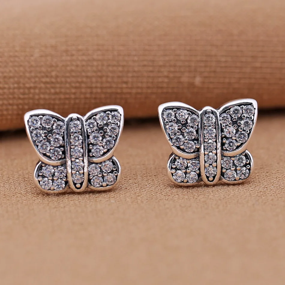 

Authentic 925 Sterling Silver Earring Pave Butterfly WIth Crystal Stud Earring For Women For Women Wedding Gift Diy Jewelry