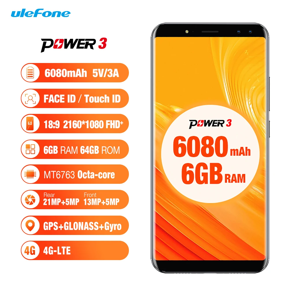 Ulefone power 3 Android 7,1 мобильный телефон 6," 18:9 FHD+ MT6763 Восьмиядерный 6 ГБ+ 64 ГБ 21 МП четырехъядерный камера 6080 мАч Face ID 4G смартфон