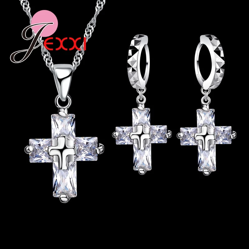 

925 Sterling Silver Jewelry Sets Cross Shape Pendant Necklace And 1 pair Hoop Drop Earrings Anniversary Gift