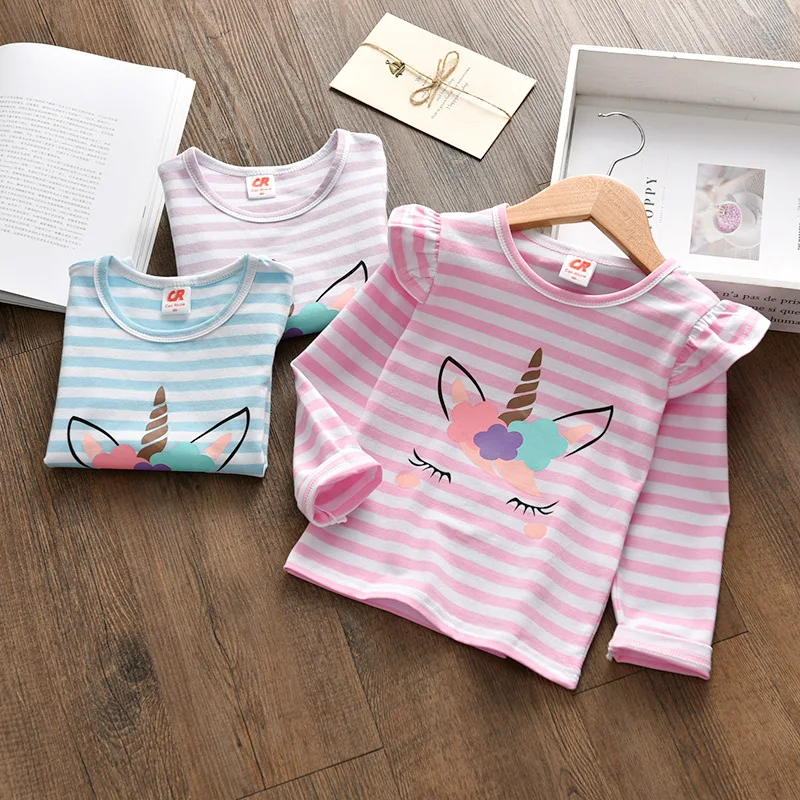

Girls Unicorn Tops Children Clothing Cartoon Korean Kids Cute Fly Sleeve Round Neck T-shirt Autumn Female Baby Striped Shirts