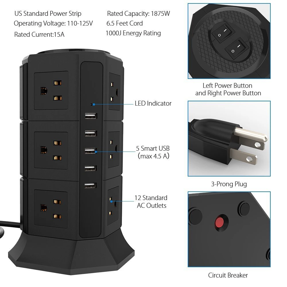 Блок питания Tower 12 US Outlet сетевой фильтр электрическая зарядная станция с 5 USB 6.5ft удлинитель для телефонов планшетов