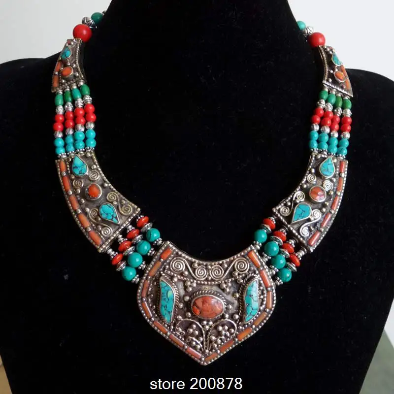 TNL151 Master Design Nepal Indian brass inlaid Stone coral pendant necklace Multi Statements Big Pendants BOHO Necklace