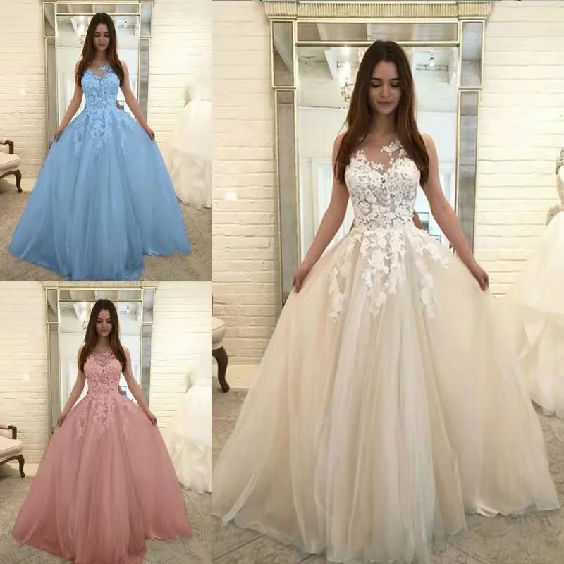 

BacklakeGirls 2019 New A Line Long Tulle Evening Dresses Deep V Neckline Sleeveless Simple Women Dresses