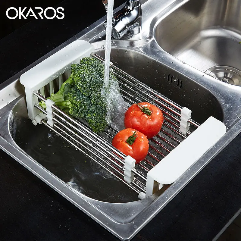 OKAROS Multifunction Kitchen Sink Drain Rack 304 Stainless Steel Fruit