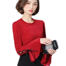 2017 Women Blouse Autumn Gold Velvet Blouse New Tops Shirt Women Korean Round Collar Trumpet Sleeve Long Sleeve Plus Size Shirt