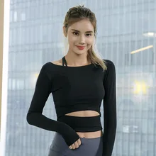 Для женщин тренажерный зал йоги топы футболки Йога большого пальца с отверстиями и длинными рукавами Топы Спортивные Фитнес-Спорт футболки Training Спортивная одежда для йоги