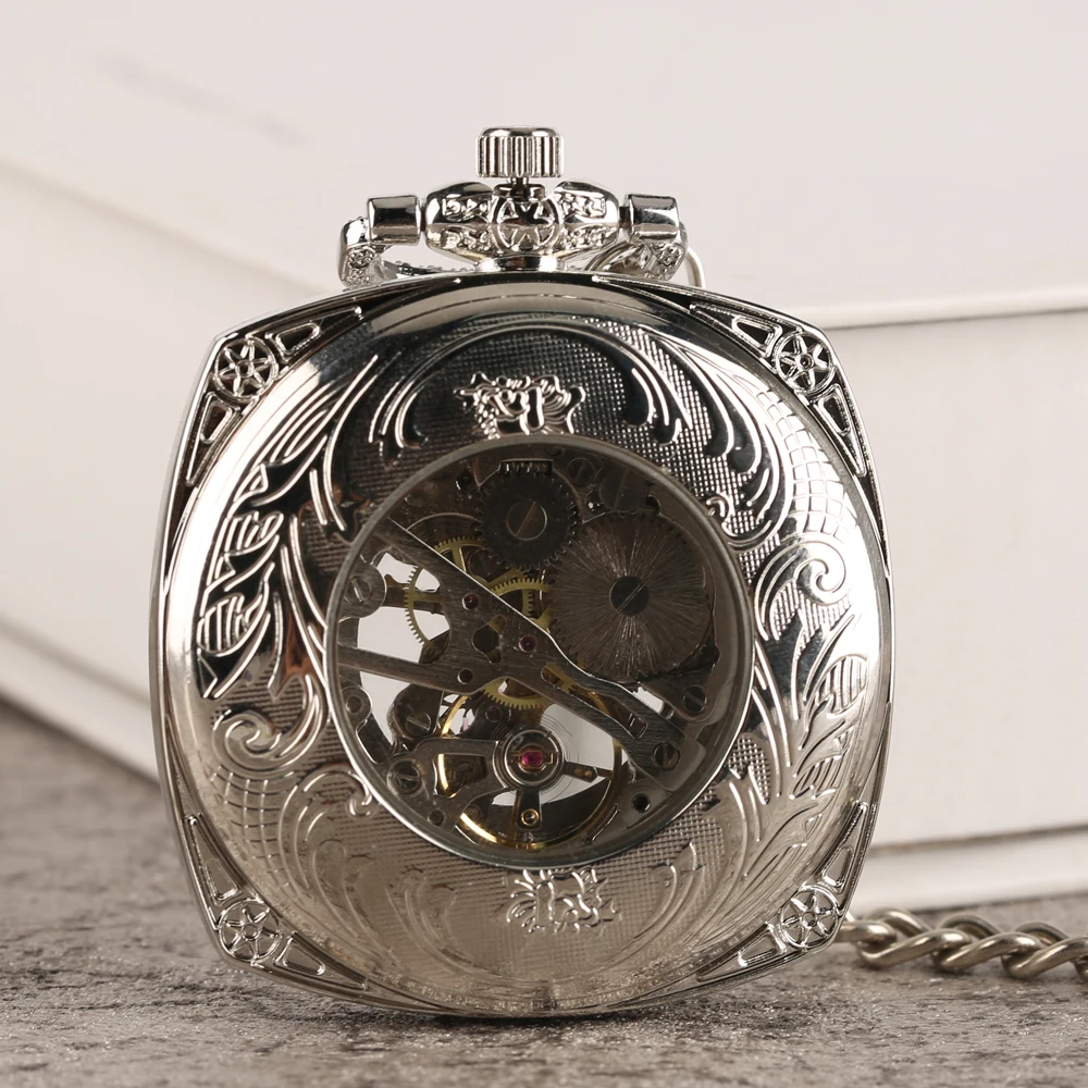 Винтажные Механические карманные часы с ручным заводом, Серебряный чехол Suqare, антикварные часы с резьбой по дереву, подвеска, брелок на цепочке для женщин и мужчин, подарки Relgio